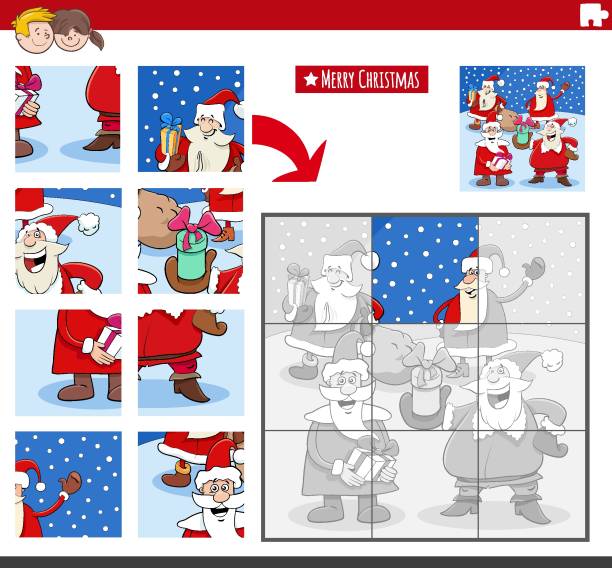 ilustrações, clipart, desenhos animados e ícones de atividade de quebra-cabeça com papai noel na época de natal - design month part of puzzle