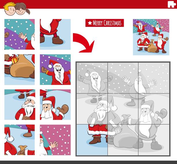 ilustrações, clipart, desenhos animados e ícones de jigsaw quebra-cabeça tarefa com papais noel na �época de natal - design month part of puzzle