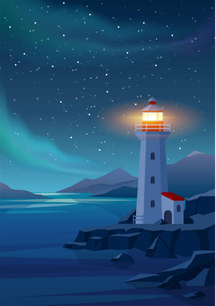 Lighthouse in night sea Vector illustration of Lighthouse in night sea. Lighthouse by the sea with mountains, aurora and starry night sky. Night landscape. lighthouse lighting equipment reflection rock stock illustrations