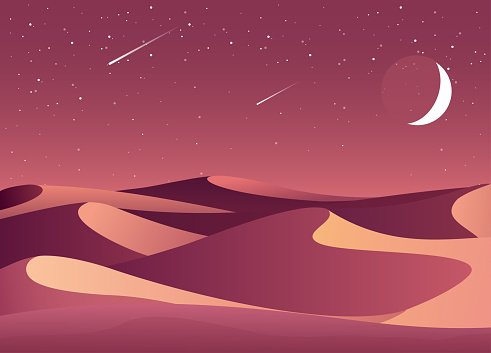 Vector set illustration of desert sunset and night landscape with silhouettes of stones, mountains, hills, plants and cactuses. Cartoon Western scene under the moon. Night in Mexican desert.