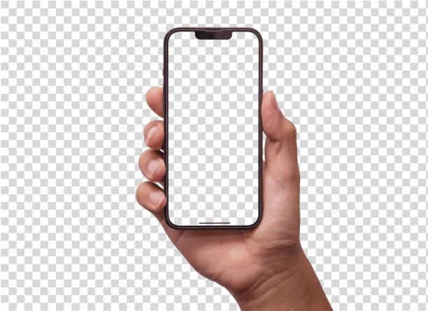 Hand holding smartphone isolated on white background - Clipping Path Hand holding the black smartphone iphone with blank screen and modern frameless design in two rotated perspective positions - isolated on white background - Clipping Path cell stock pictures, royalty-free photos & images