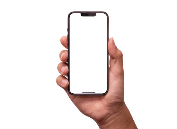 istock Hand holding smartphone isolated on white background - Clipping Path 1440355021