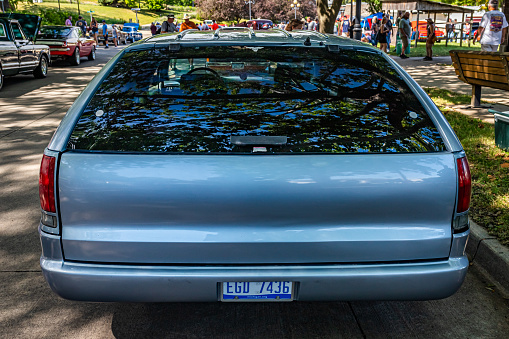 Des Moines, IA - July 02, 2022: High perspective rear view of a 1995 Chevrolet Caprice Estate Wagon at a local car show.