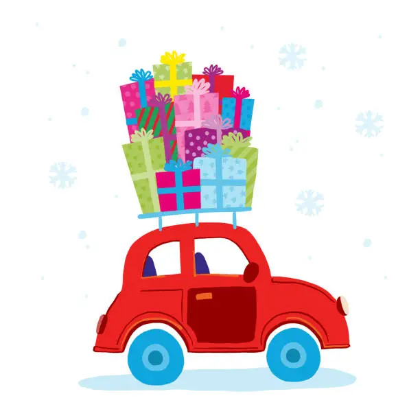 Vector illustration of Red Car with Gifts on the Roof