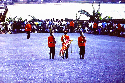 Accra, Ghana - March 1959: Soldiers carrying their regimental colours on parade on Independence Day in Accra, Ghana, 6 March 1959