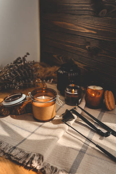 istock Burning candles and accessories for them, atmospheric photo 1440368744
