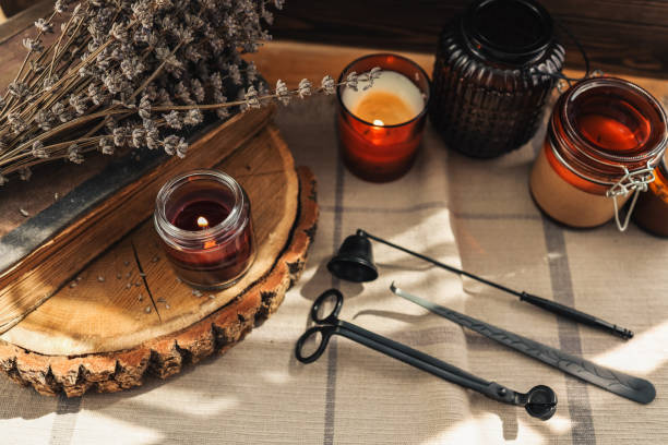 istock Burning candles and accessories for them, atmospheric photo 1440368749