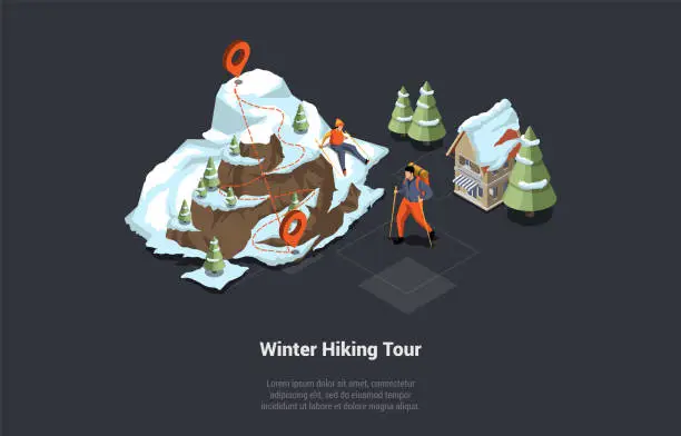 Vector illustration of Concept Of Adventures, Hiking, Winter Exploring And Vacations. Group Of Tourists With Equipment Is Walking Through Mountains. Mountains Route Tracks Scheme. Isometric 3d Cartoon Vector Illustration