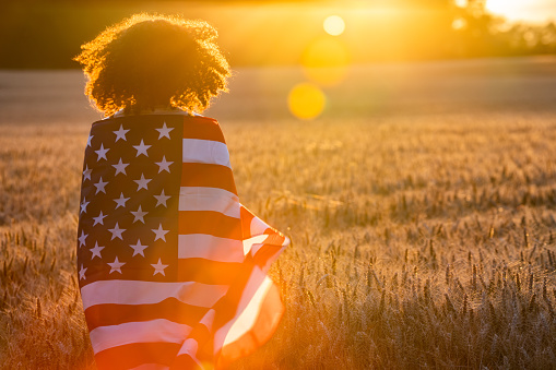 Mixed race African American girl teenager female young woman in a field of wheat or barley crops wrapped in USA stars and stripes flag in golden sunset evening sunshine