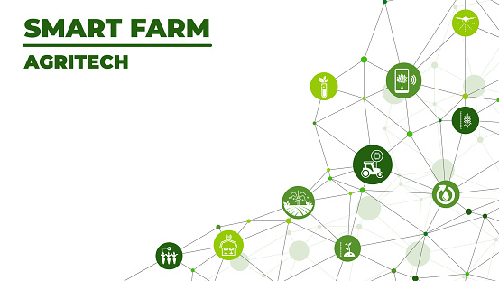 smart farm or agritech vector illustration. Banner with connected icons related to smart agriculture technology, digital iot farming methods and farm automation.