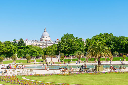 View on Luxembourg garden and Pantheon in background, in Paris, France. June 13, 2021