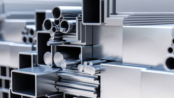 steel and aluminium metalware and profiles close-up rendering of shiny steel and aluminium profiles and metalware for construction and engineering in storehous metallurgy stock pictures, royalty-free photos & images