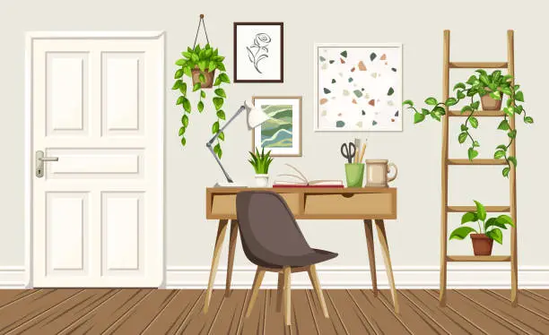 Vector illustration of Scandinavian room interior design. Cartoon vector illustration