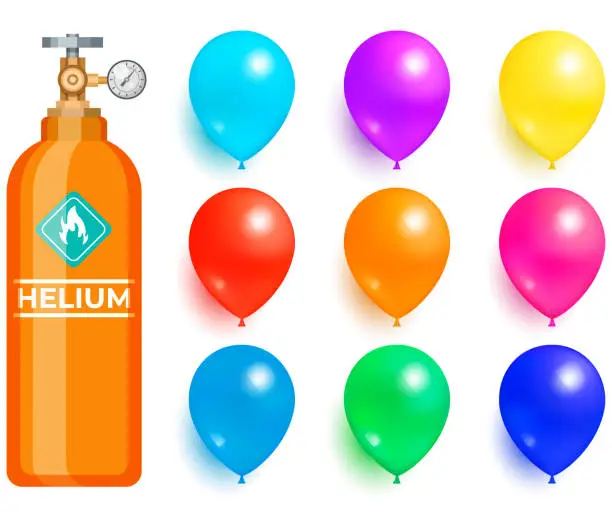 Vector illustration of Helium container for inflating balloons. High cylinder, canister with gas, flammable substance