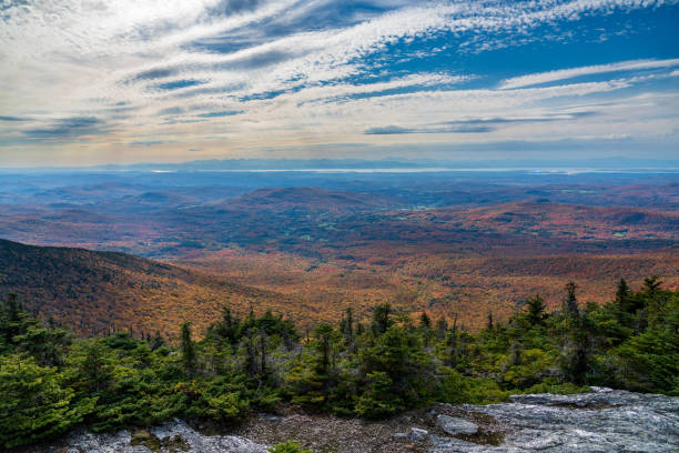 View from the summit of Mount Mansfield near Stowe in Vermont towards Lake Champlain and Adirondacks