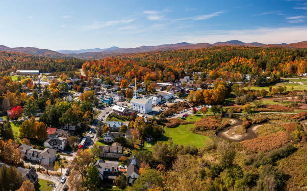 aerial view of the town of stowe in the fall - vermont imagens e fotografias de stock