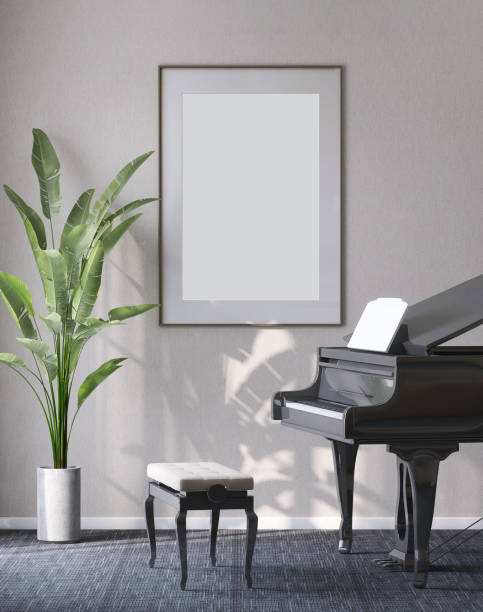 Large blank wooden picture frame with mat on gray white wall in modern, luxury room with black grand piano, stool and tropical banana tree on carpet floor Large blank wooden picture frame with mat on gray white wall in modern, luxury room with black grand piano, stool and tropical banana tree on carpet floor in sunlight from window for craft, art, photograph and poster display expensive grand piano stock pictures, royalty-free photos & images