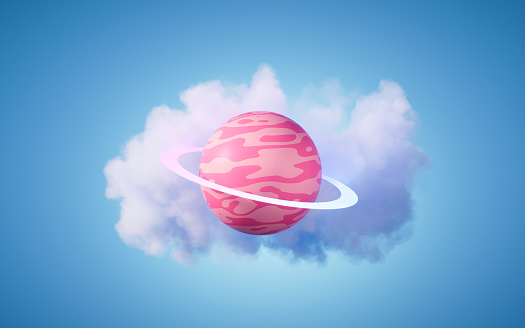 Cartoon style planet and cloud background, 3d rendering. Digital drawing.