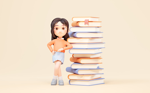 Little girl and stack of books, 3d rendering. Digital drawing.