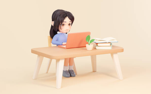 istock The girl works with computer at desk, 3d rendering. 1440383419