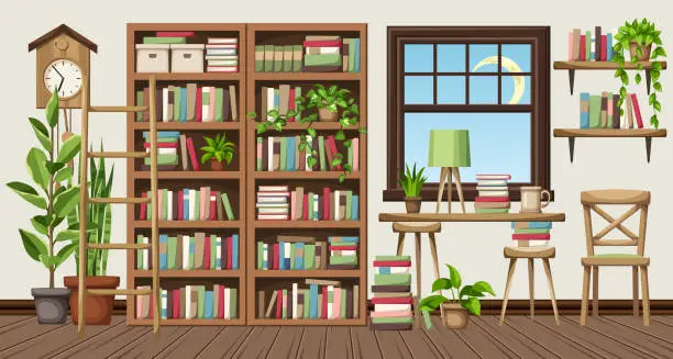 Vector illustration of Old library interior. Cozy reading room interior design. Cartoon vector illustration