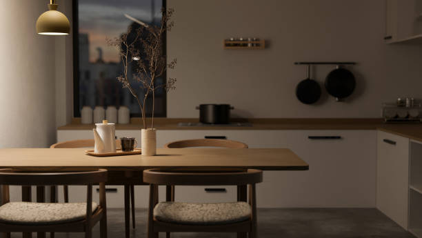 Modern and comfortable home dining room and kitchen cooking space interior design