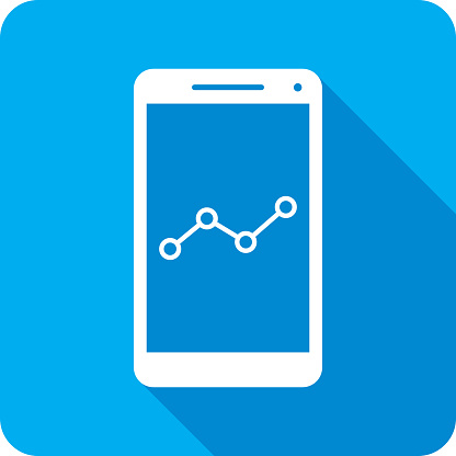 Vector illustration of a smartphone with stats graph icon against a blue background in flat style.