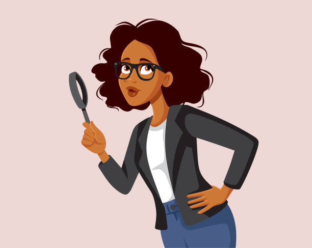 ilustrações de stock, clip art, desenhos animados e ícones de curious businesswoman holding a magnifying glass vector cartoon illustration - loupe quality control magnification glass