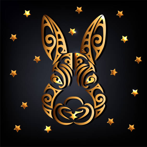 stockillustraties, clipart, cartoons en iconen met golden rabbit head with stars on black background. symbol of 2023 new year. vector illustration. - maoritatoeages