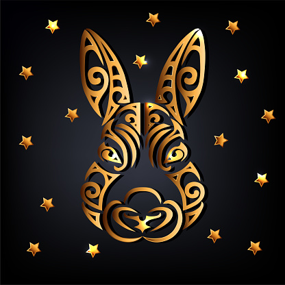 Golden rabbit head with stars on black background. Symbol of 2023 New Year. Vector illustration.
