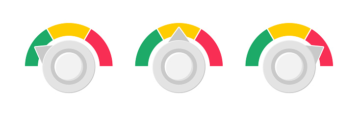 Speedometer colorful icons. Colored scale speed. Gauge meter icons. Indicator satisfaction. Green, red and yellow level dashboard with arrows. Vector illustration.