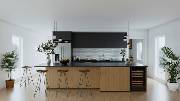 istock Kitchen with large island and bar stools and wine cabinet. Kitchen interior with large refrigerator and plants. 3d visualization. 1440405401