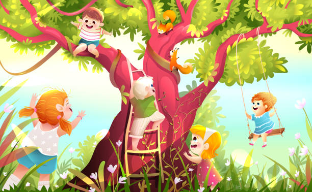 ilustraciones, imágenes clip art, dibujos animados e iconos de stock de niños y niñas jugando a trepar árboles en el parque - child swing swinging spring