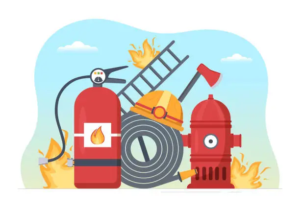 Vector illustration of Fire Department with Firefighters Extinguishing House, Forest and Helping People in Various Situations in Flat Hand Drawn Cartoon Illustration