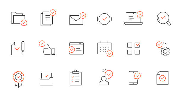 チェックマーク、品質管理ラインアイコン。承認サイン、ビジネス検疫マークアウトライン編集可能なストロークアイコン。書類確認 - conformity checklist business success点のイラスト素材／クリップアート素材／マンガ素材／アイコン素材