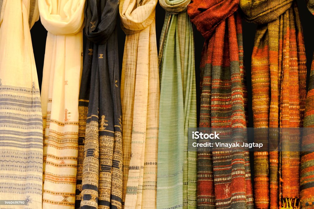Pallet of vivid and colorful Indian fabric, India textile. Sari Stock Photo