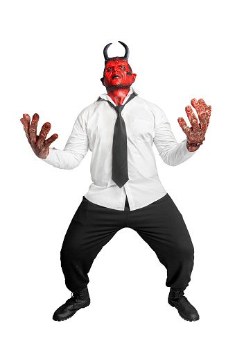 Devilman standing isolated over white background. Halloween concept