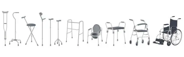 Vector illustration of Wheelchair, walker and walking sticks.Crutches, strollers, walkers, portable toilet and walking sticks.Vector illustration.