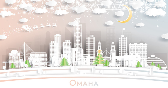 Omaha Nebraska City Skyline in Paper Cut Style with Snowflakes, Moon and Neon Garland. Vector Illustration. Christmas and New Year Concept. Santa Claus on Sleigh. Omaha USA Cityscape Landmarks.