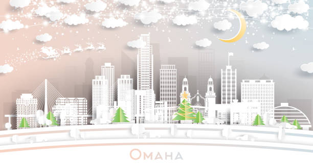 Omaha Nebraska City Skyline in Paper Cut Style with Snowflakes, Moon and Neon Garland. Omaha Nebraska City Skyline in Paper Cut Style with Snowflakes, Moon and Neon Garland. Vector Illustration. Christmas and New Year Concept. Santa Claus on Sleigh. Omaha USA Cityscape Landmarks. omaha stock illustrations