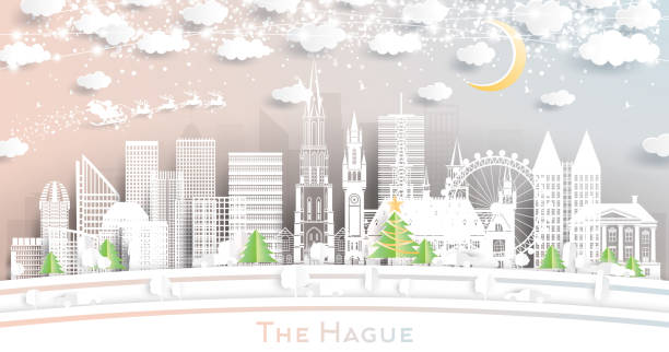 stockillustraties, clipart, cartoons en iconen met the hague netherlands city skyline in paper cut style with snowflakes, moon and neon garland. - den haag