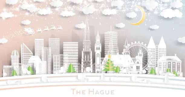 Vector illustration of The Hague Netherlands City Skyline in Paper Cut Style with Snowflakes, Moon and Neon Garland.