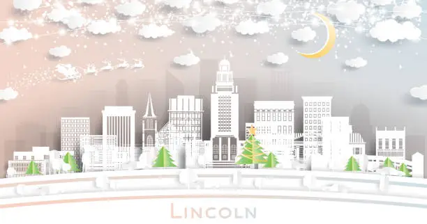 Vector illustration of Lincoln Nebraska City Skyline in Paper Cut Style with Snowflakes, Moon and Neon Garland.