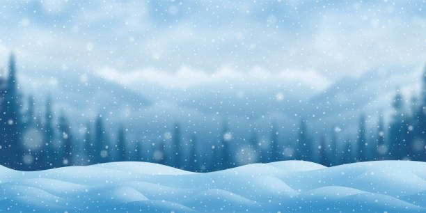 schneeverwehungen und schneefall vor der kulisse einer verschwommenen winterlandschaft, bokeh - wintry landscape stock-grafiken, -clipart, -cartoons und -symbole