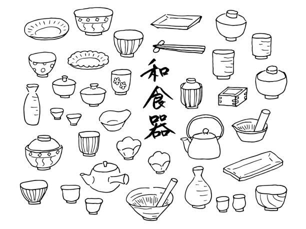 illustrations, cliparts, dessins animés et icônes de ensemble d’illustrations dessinées à la main pour la vaisselle japonaise - chopsticks rest