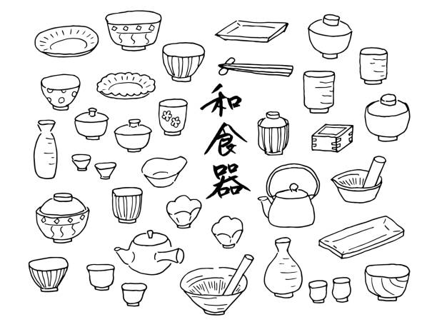 ilustrações, clipart, desenhos animados e ícones de conjunto de ilustração desenhado à mão de louça japonesa - plate ceramics pottery isolated