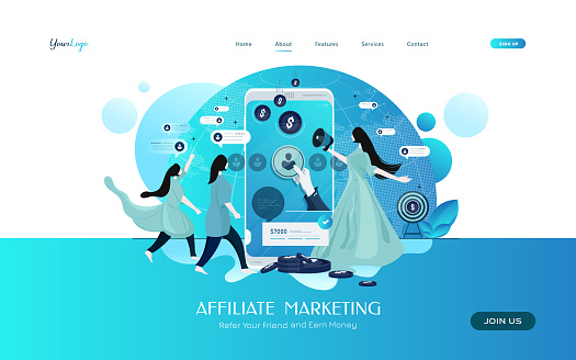 Refer a friend strategy and affiliate marketing concept . people character sharing referral business partnership and earn money. template for web landing page, banner, poster, print media stock illustration