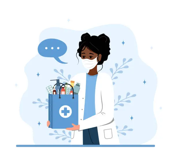 Vector illustration of Delivery pharmacy service. African female pharmacist in mask holding paper bag with drugs and pills. Online medicine concept. Vector illustration in flat cartoon style