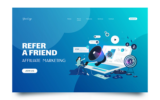 Landing page template of referral marketing strategy. Affiliate marketing, referral program, network marketing, business partnership and refer a friend concept