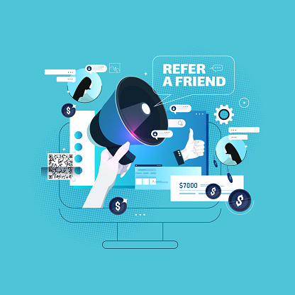 Refer a Friend online app concept with community of people stock illustration